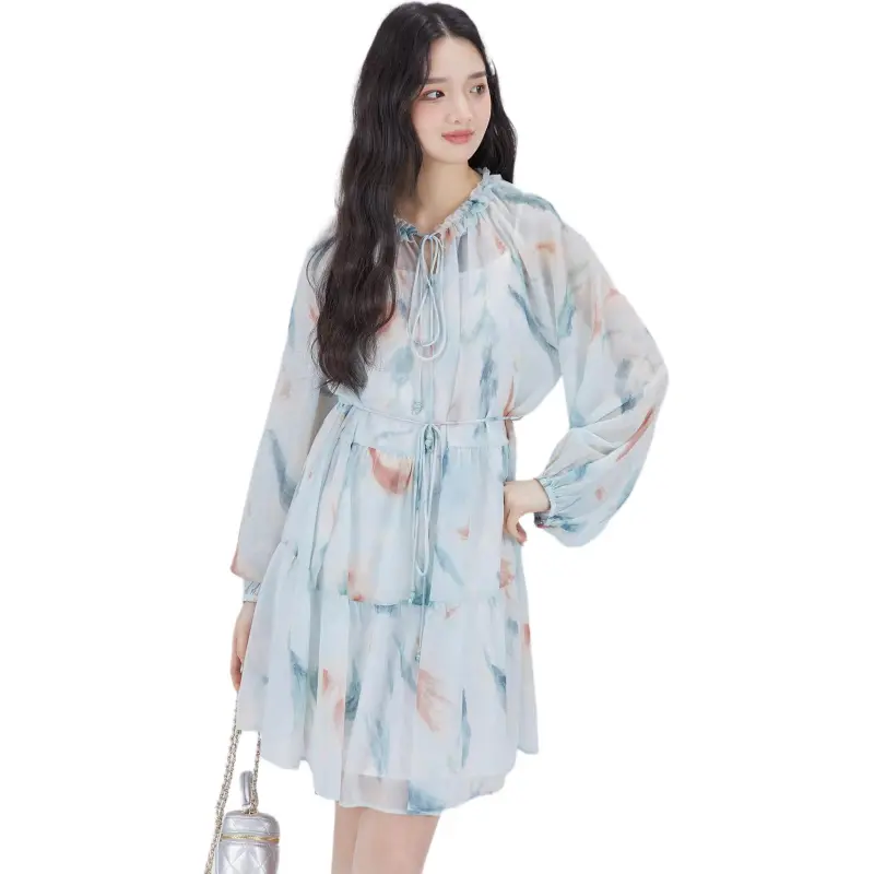DEAR DEER PUFF Long Sleeved Dress Women's Blue Cropped-5