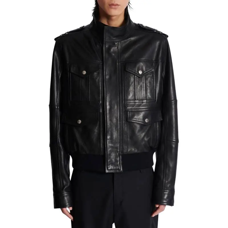 BALMAIN High Neck Leather Jacket-4