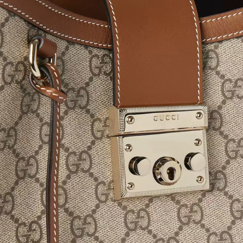 GUCCI Padlock Fabric Shoulder Bag Medium Size Women's Beige & Dark Brown-5