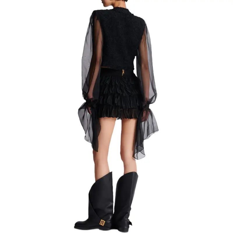 BALMAIN Chiffon sleeve Tweed Jacket-4