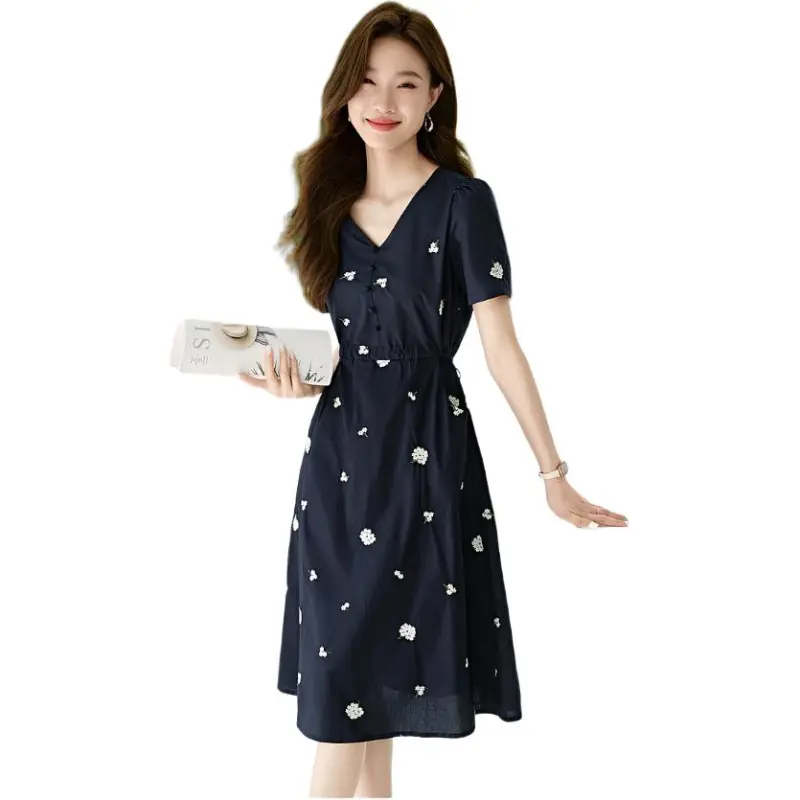 Mo Han Yi Mei Short Sleeved Dress Women's Navy Blue-1