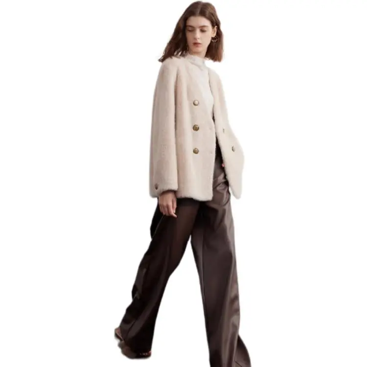3COLOUR Velvet feel Coat Women's Oat-3