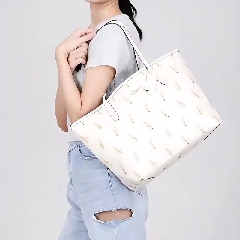 COACH Canvas With Leather Tote Bag, Shopping Bag, Shoulder Bag Large Size Women's White-3