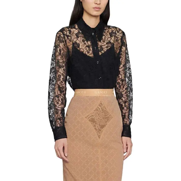 GUCCI Lace Patterned Blouse Black-1