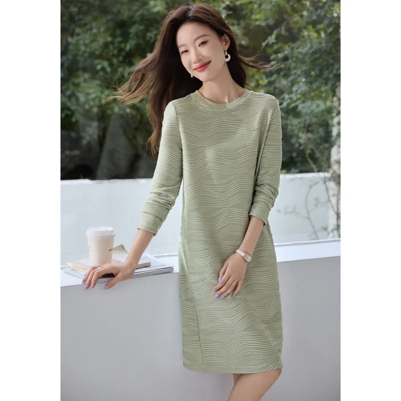 Mo Han Yi Mei Long Sleeved Dress Women's Gray Pea Green-4