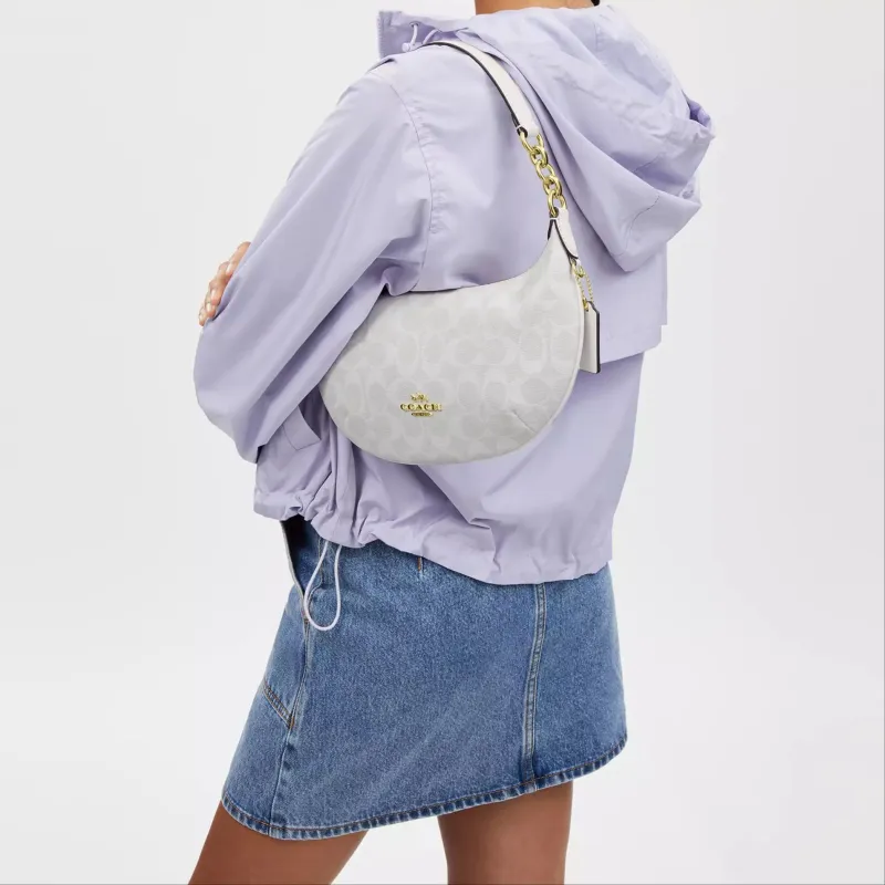 COACH Payton Coated Canvas With Smooth Leather Handbag Shoulder Bag Large Size Women's Gold & Chalk & Glacier White-4