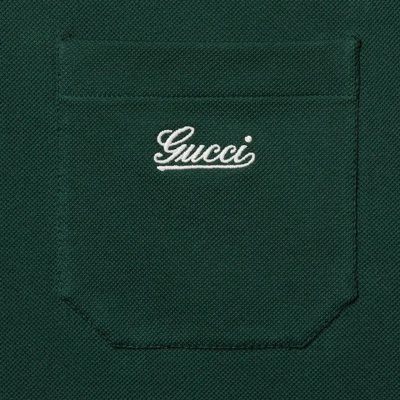 GUCCI Stripe Trim Logo Embroidered Polo Shirt-5