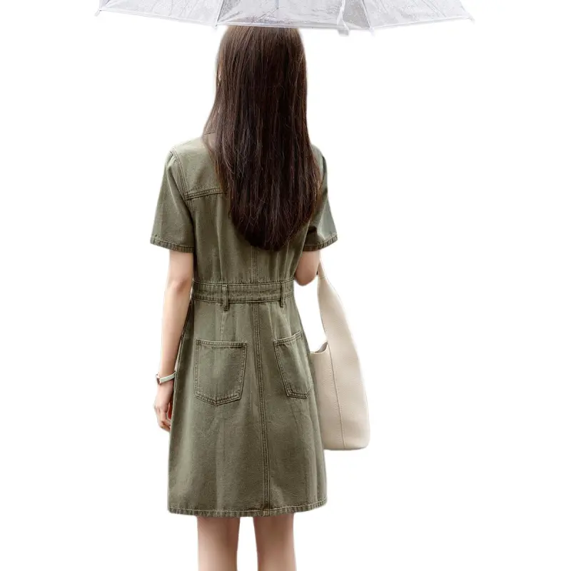 Mo Han Yi Mei Short Sleeved Dress Women's Vintage Green-1