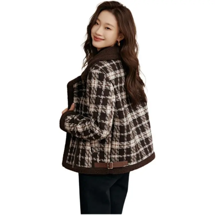 Mo Han Yi Mei Jackets Coats Women's Coffee Plaid-0