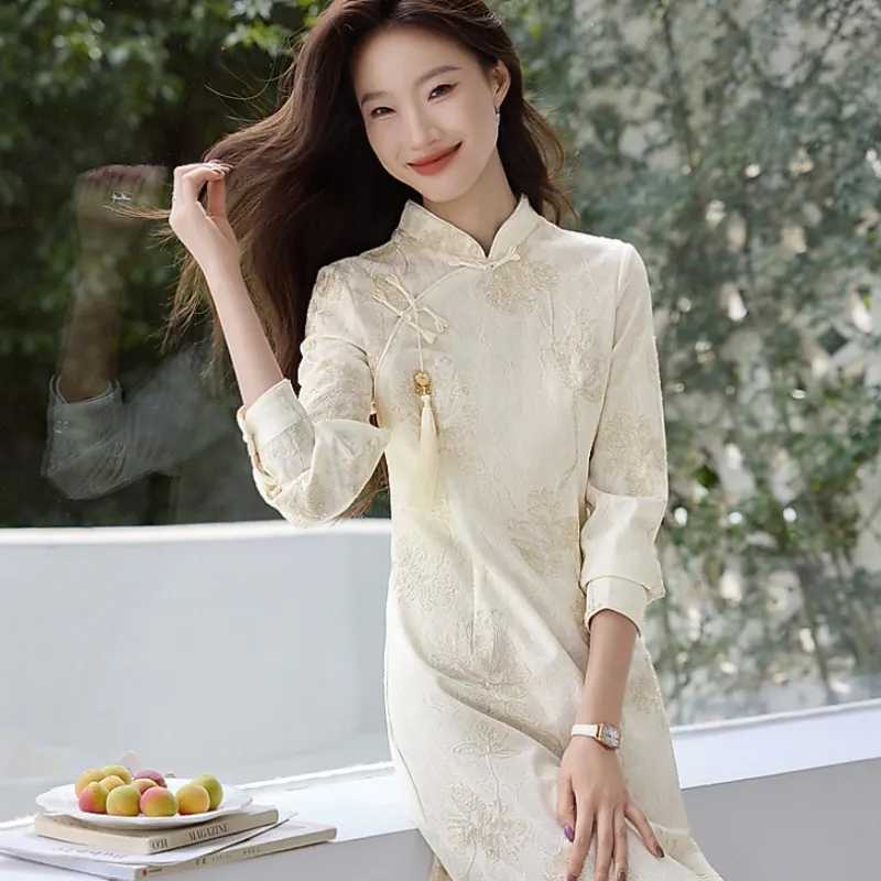 Mo Han Yi Mei Long Sleeved Dress Women's Ecru-4