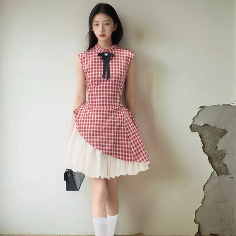 SONDR Sleeveless Dress Women's Red Plaid Stripes-2
