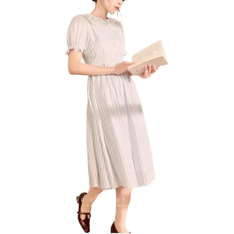 QIAOYUHUAZUN Short Sleeved Dresses Women's Blue White Stripes-1