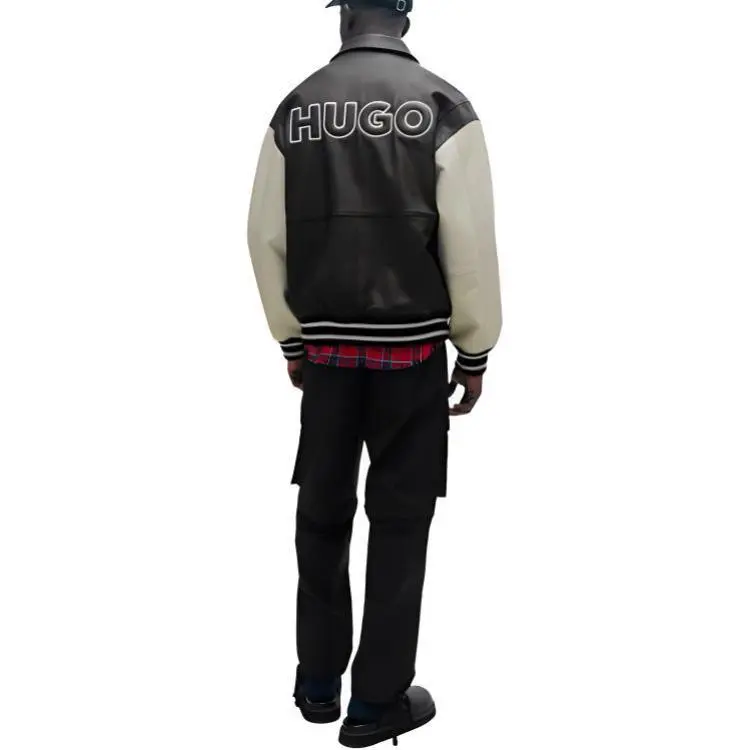 HUGO BOSS FW23 Leather Varsity Jacket With Oversized Embossed Logo Jackets Coats Men's Black-3