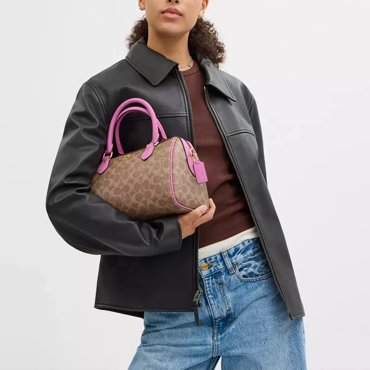COACH Rowan Signature Coated Canvas Boston Bag, Shoulder Bag, Crossbody Bag, Handbag Medium Size Women's Pink & Brown-3