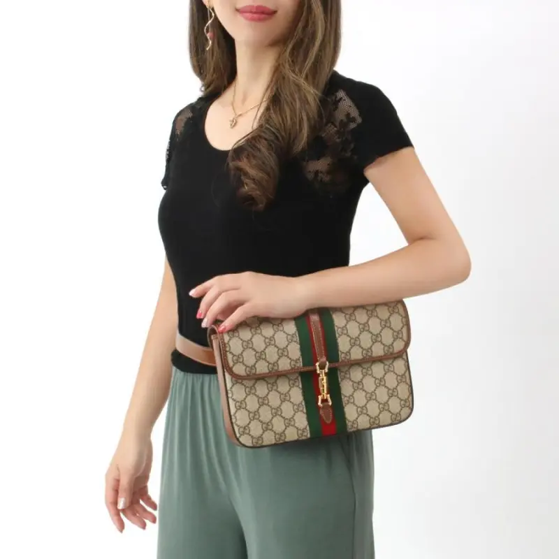 GUCCI Jackie 1961 Canvas With Leather Trim Messenger Bag Canvas Bag Fanny Pack Small Size Unisex Ebony-6