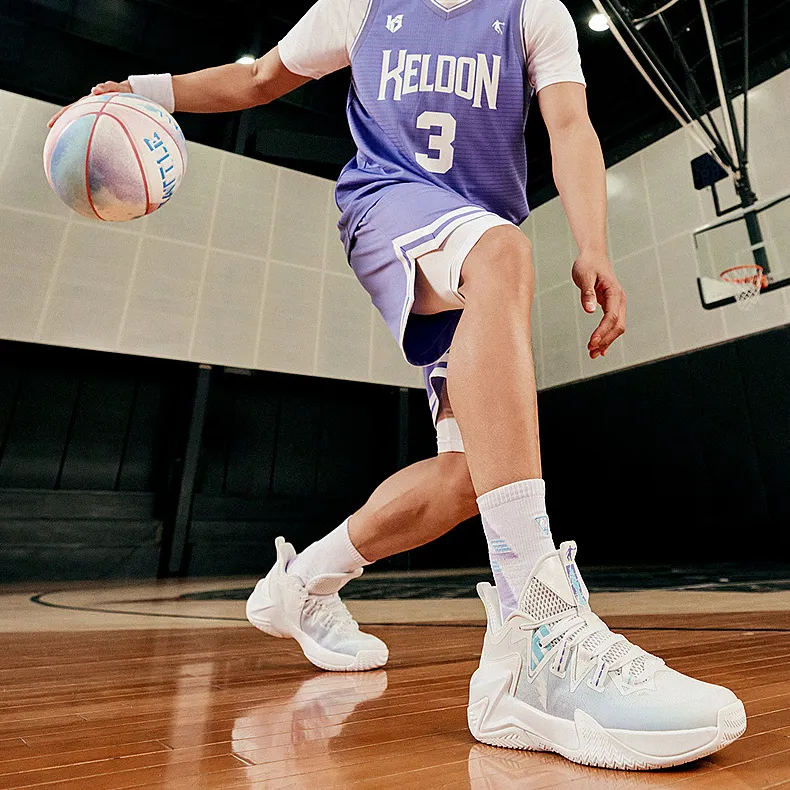 QIAODAN Cushioned Slip Resistant High Top Basketball Shoes Men's White Purple-3