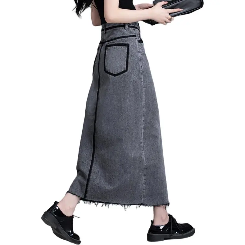 You Cow Me Pants Denim Long Skirts Women's Gray-6