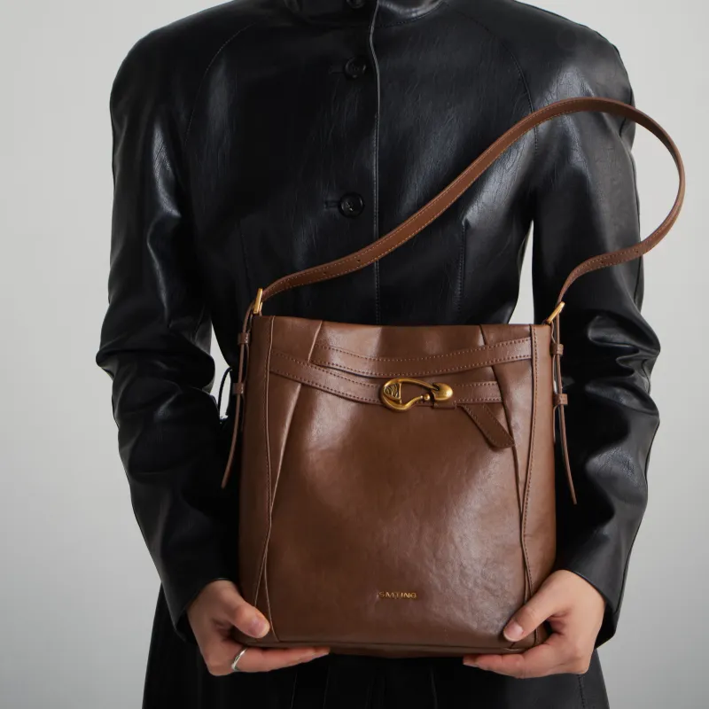Simedin Cowhide Split Leather Bucket Bag, Shoulder Bag, Crossbody Bag Large Size Women's Coffee/Milk White-6