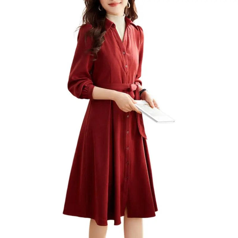 【dme】 Long Sleeved Dress Women's Sauce Red-4