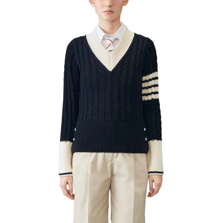 THOM BROWNE 4 Bar Stripe Detailed V Neck Knitted Jumper-2