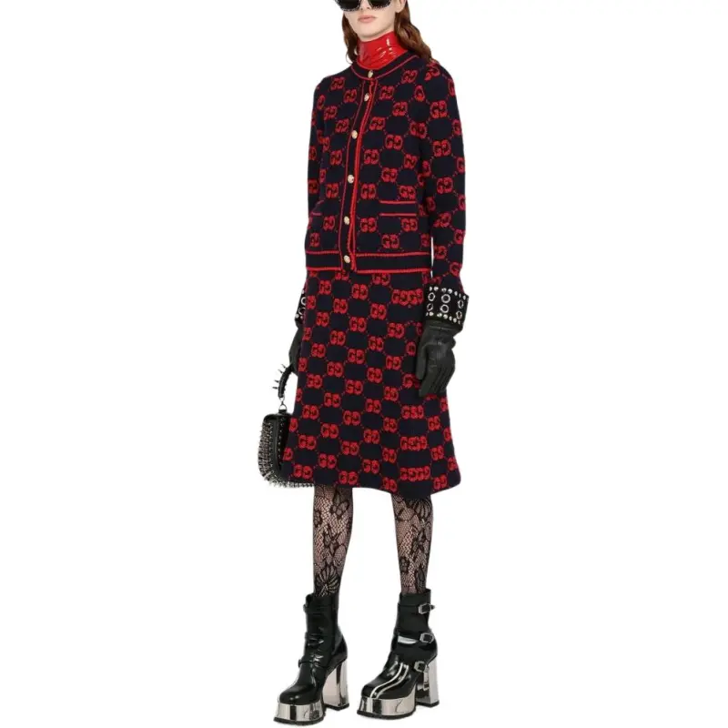 GUCCI Women's Gg Wool Boucle Jacquard Skirt Blue/Red-1