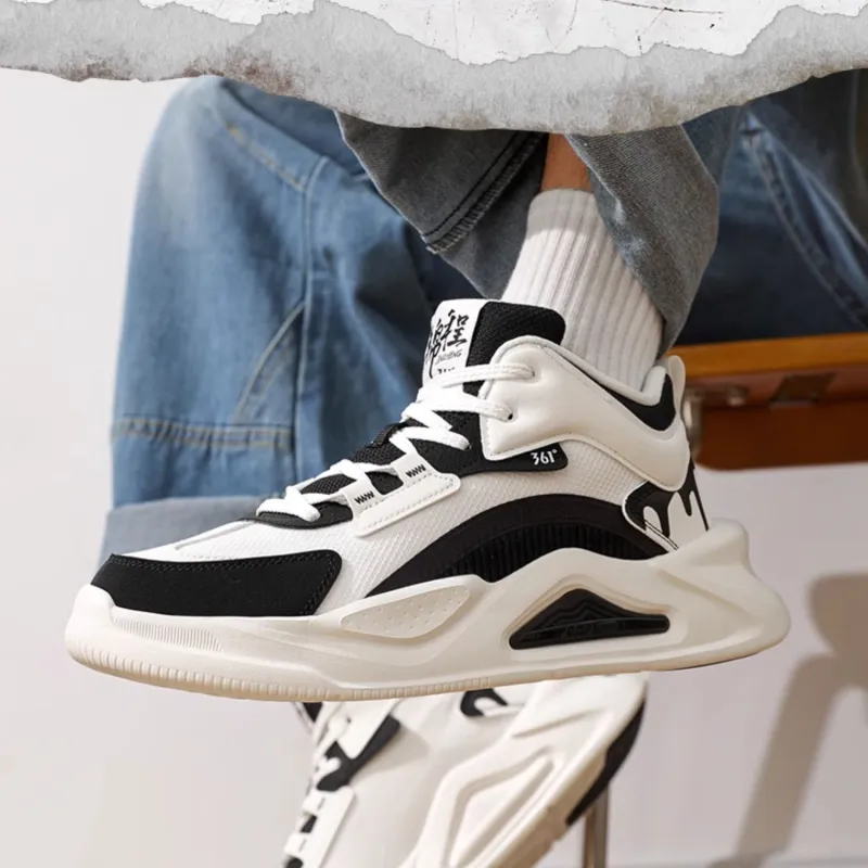 361° Jincheng Anti Slip And Wear Resistant Height Increasing Mid Top Casual Shoes Men's White Black-2