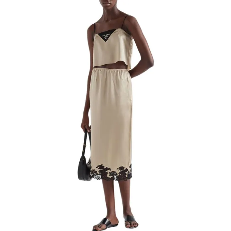 PRADA Lace-trimmed Satin Midi Skirt-1