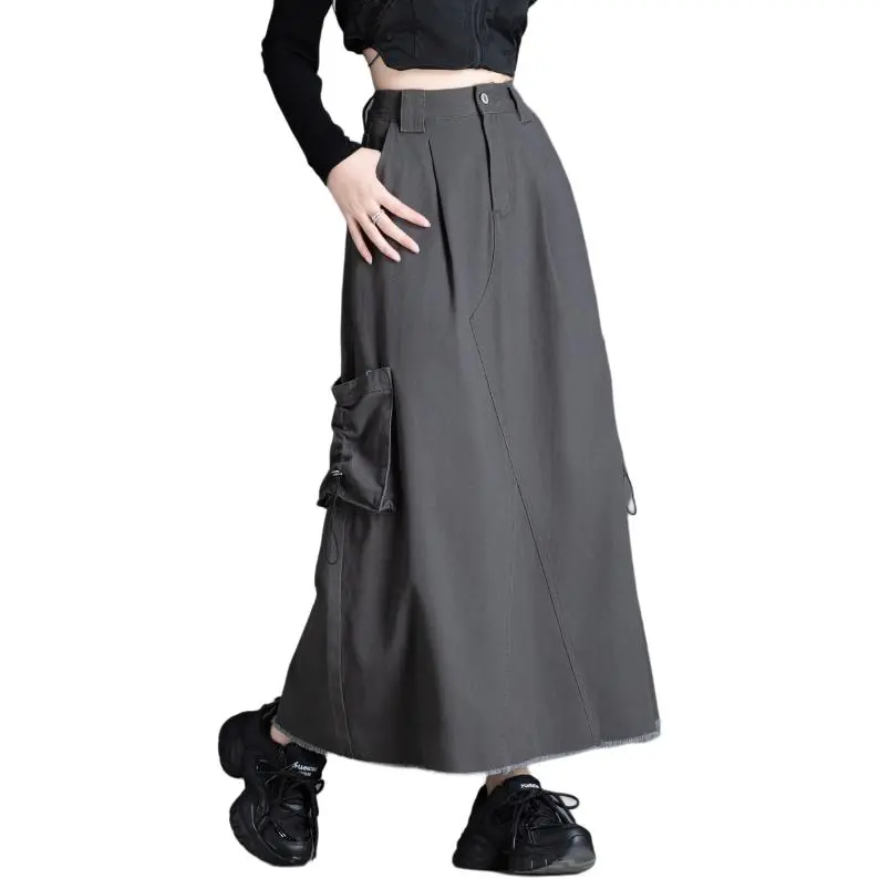 You Cow Me Pants Denim Long Skirt Women's Dark Gray-2