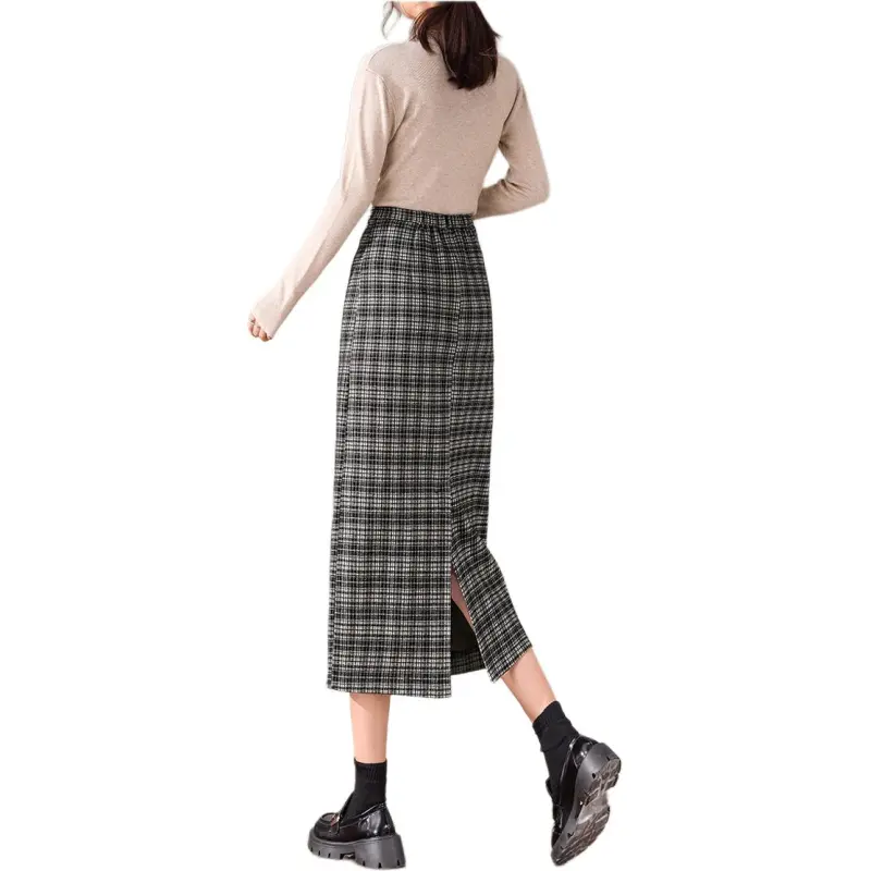 Weixi Casual Long Skirts Women's Black White Plaid-7