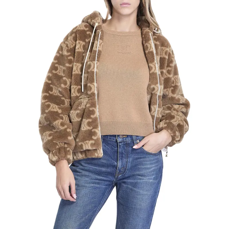 CELINE Hooded Jacket In Triomphe Wool And Fur-3