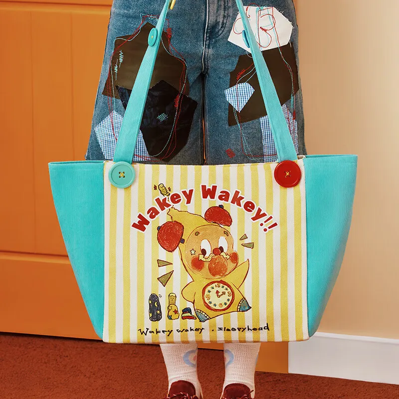 POP MART Polyester With Cotton Tote Bag, Shopping Bag, Handbag Women's Blue & Yellow-4