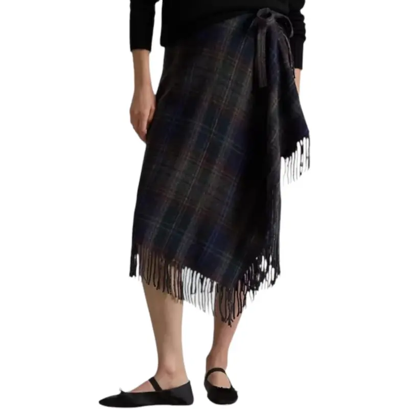 Polo Ralph Lauren Fringe Trim Plaid Wrap Skirt-3
