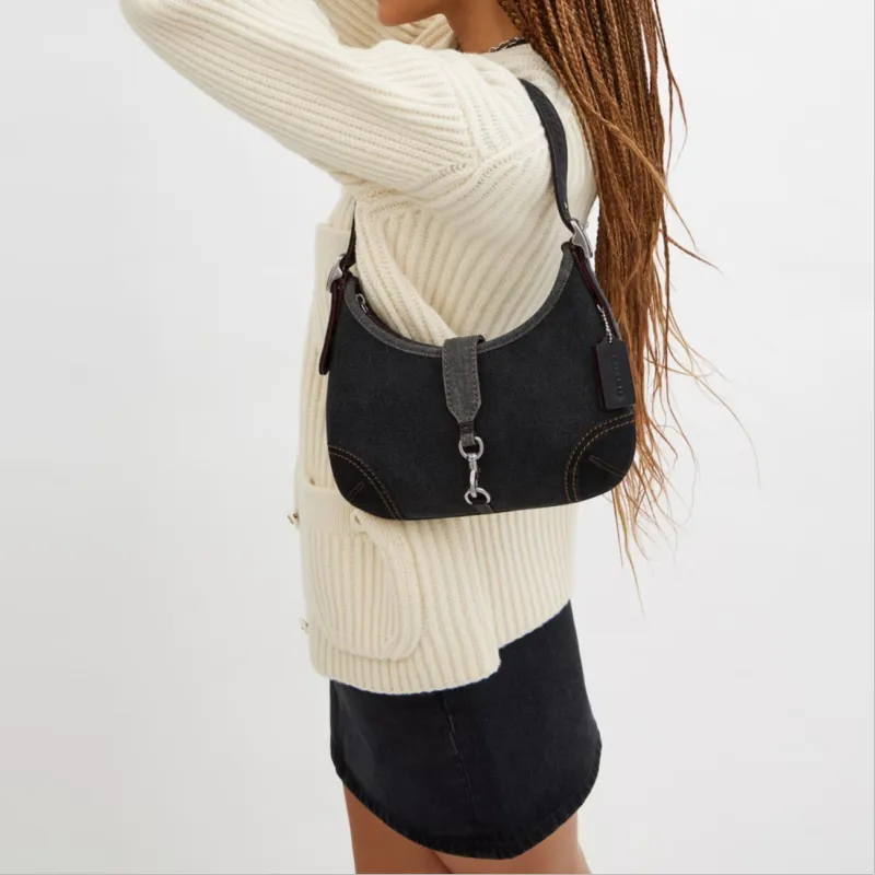 COACH Denim Hobo Bag Handbag Shoulder Bag Large Size Women's Black-4