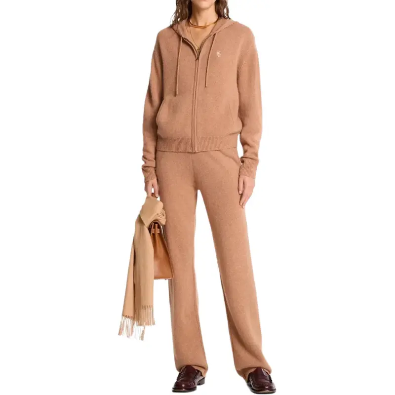 SPORTY & RICH Src Cashmere Zip Hoodie 'Camel/White'-2