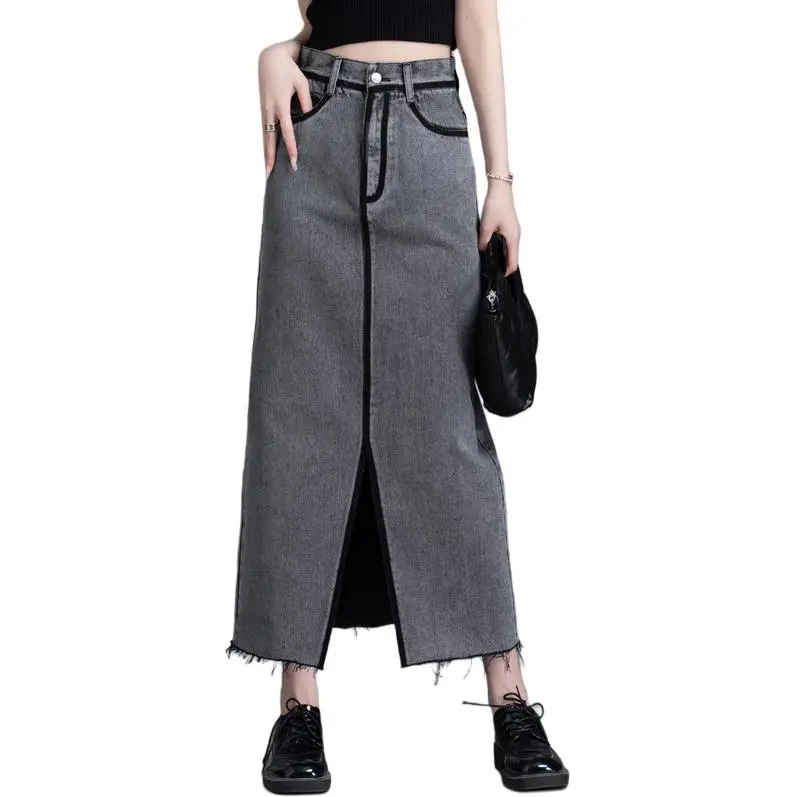 You Cow Me Pants Denim Long Skirts Women's Gray-2