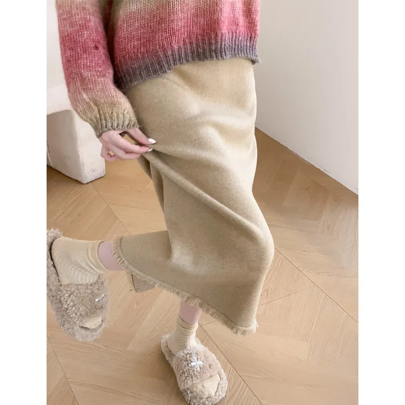 Tonlion Knit Long Skirts Women's Wheat-4