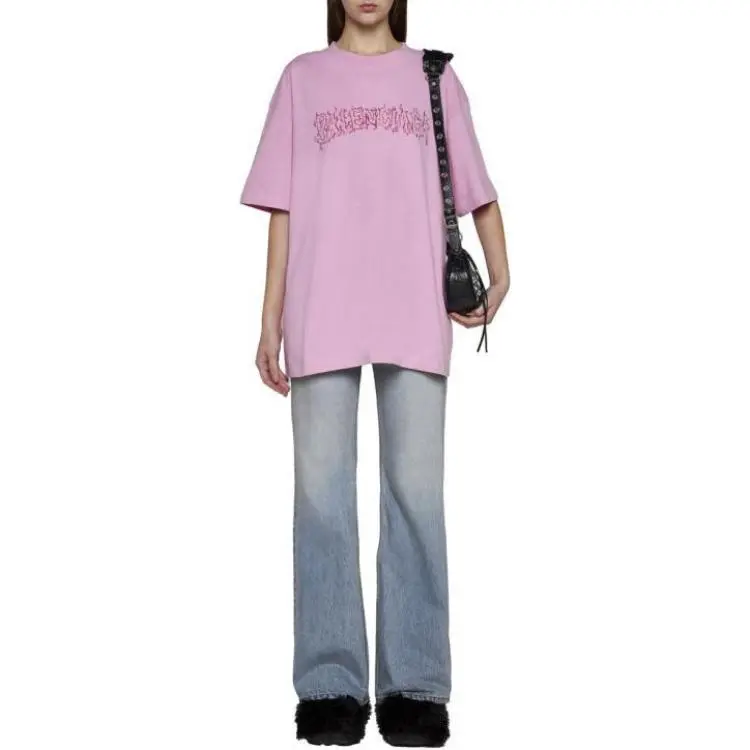 Balenciaga Drop Shoulder Sleeve T Shirt Loose Fit Women's Pink-1