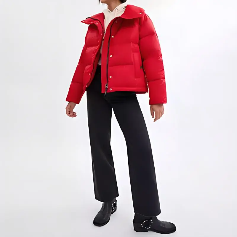 COACH Signature Jacquard Short Puffer In Recycled Polyamide Down Jacket Women's Red-1