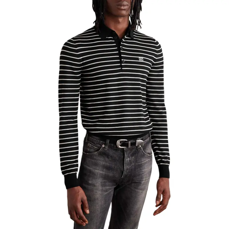 CELINE Striped Triomphe Polo In Fine Wool Polo Shirt Men's Black-2