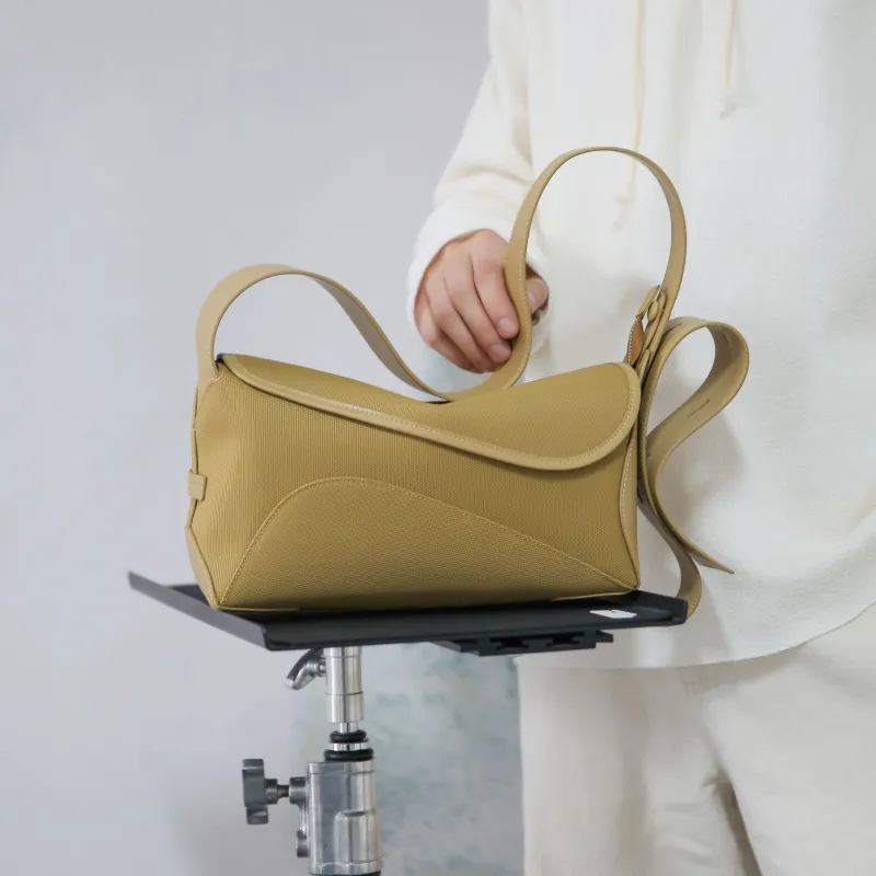 STAR TOWN Cow Split Leather Ribbon Bag Handbag Crossbody Bag Medium Size Women's Almond Yellow/Seaweed Green-4