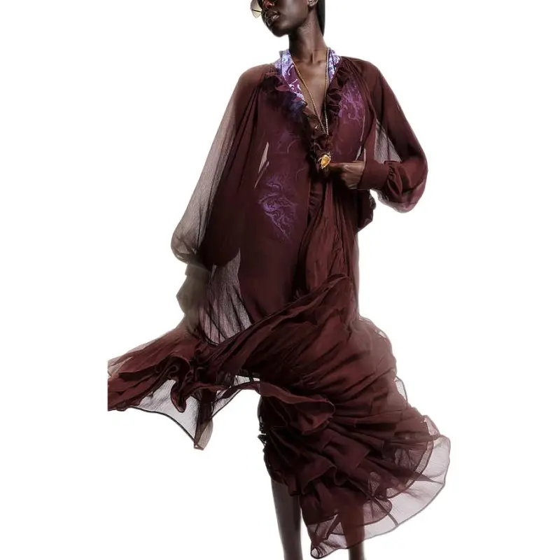 H&M THE WHITE LOTUS Collaboration Long Sleeved Dresses Women's Burgundy-3