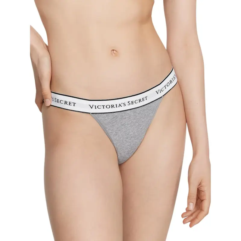 Victoria's Secret PINK COTTON Logo Cotton Lace-Waist Tanga Panty/Grey Underpants Women's 1 Pack Gray-2