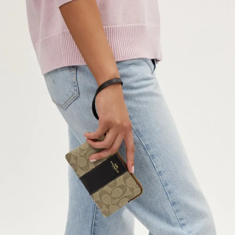 COACH Corner Zip Coated Canvas With Recycled Leather Clutch Mini Women's Khaki & Black-2