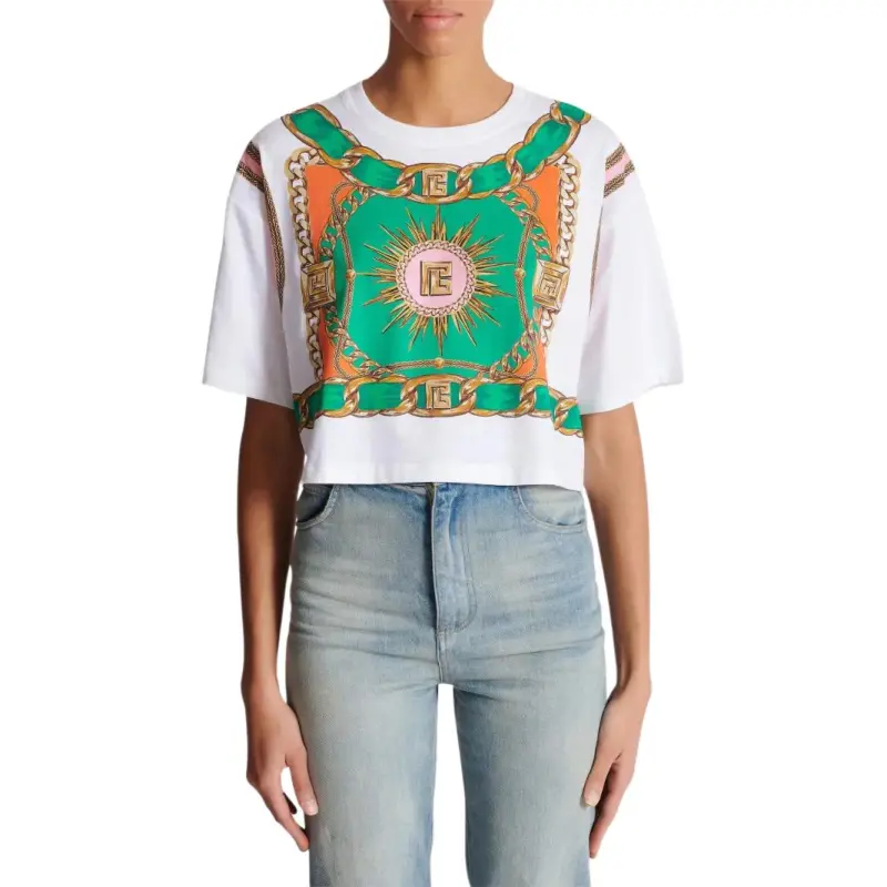 BALMAIN Foulard print Cropped T shirt-2