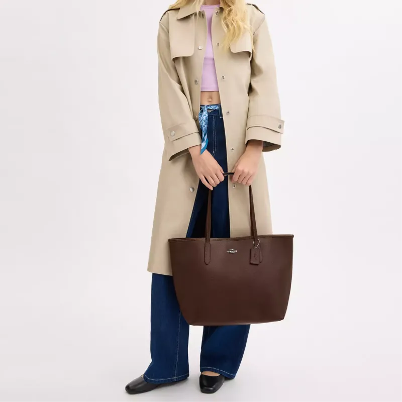 COACH City Double Sided Leather Tote Bag, Shopping Bag, Handbag, Shoulder Bag Large Size Women's Maple-4