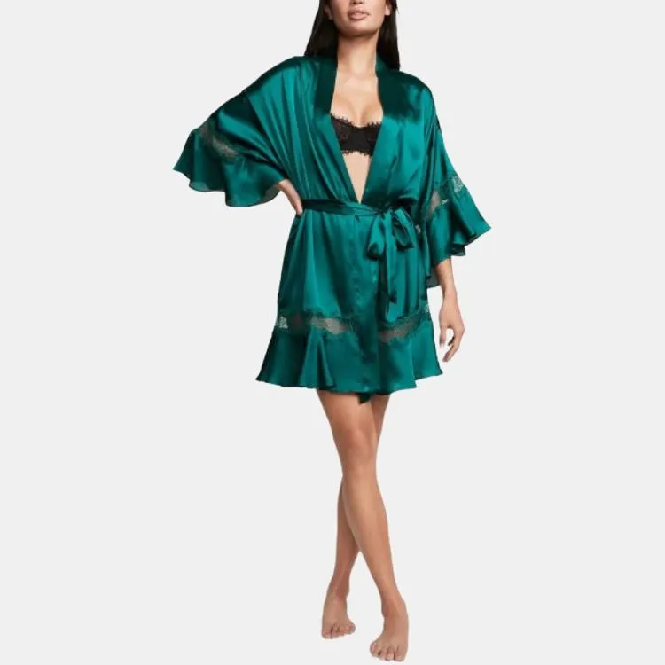 Victoria's Secret Lace Patchwork With Tie Up Waist / Blue-green Pajama Robe Women's Turquoise-2