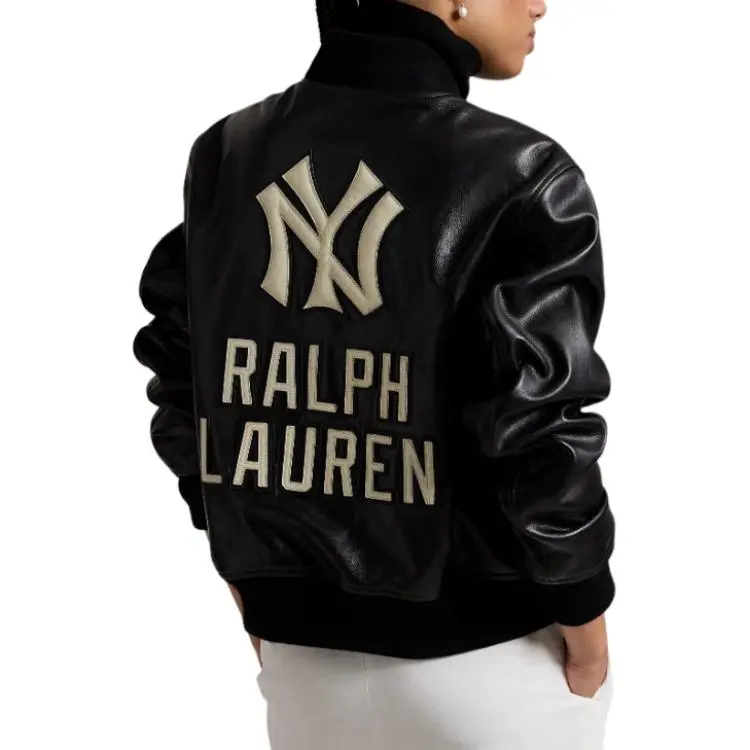 Polo Ralph Lauren Yankees Leather Jacket Jackets Coats Women's Black-2