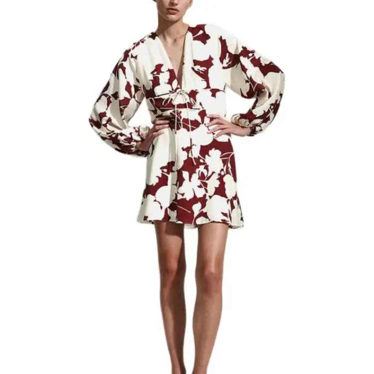 H&M Long-Sleeved Dresses Women's Deep Red/Cream Floral-1