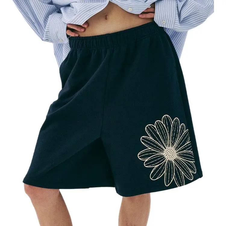 MARDI MERCREDI SS25 OVERSIZED SWEAT BERMUDA FLOWER_NAVY CREAM Casual Shorts Korean Style Women's Marine Cream-2