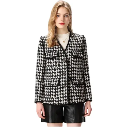 FENHONGMALI Jackets & Coats Women's Black White Plaid